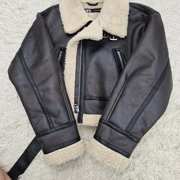 NWT Zara Faux Shearling Lined Jacket Cropped Moto Jacket - Picture 6 of 7